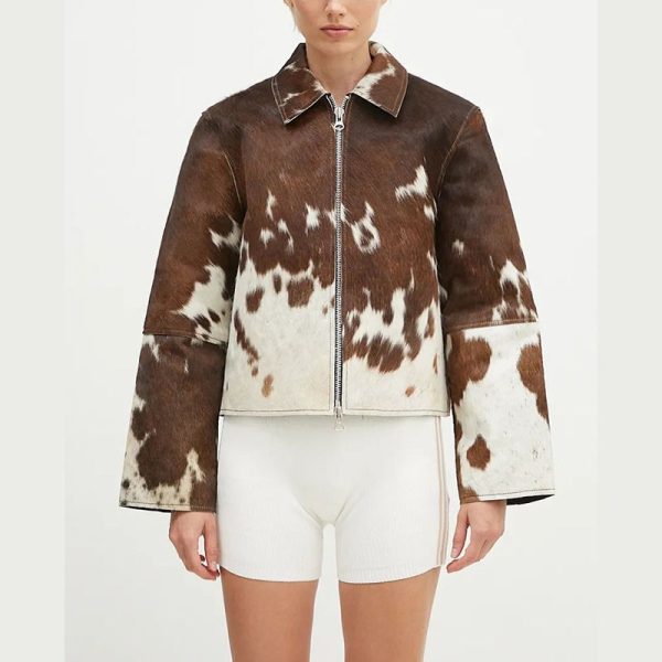 Brown & White Cowhide Cropped Leather Jacket”