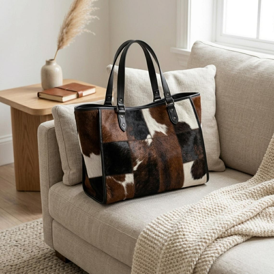 Cowhide Print Patchwork – Handmade Leather Shoulder Bag