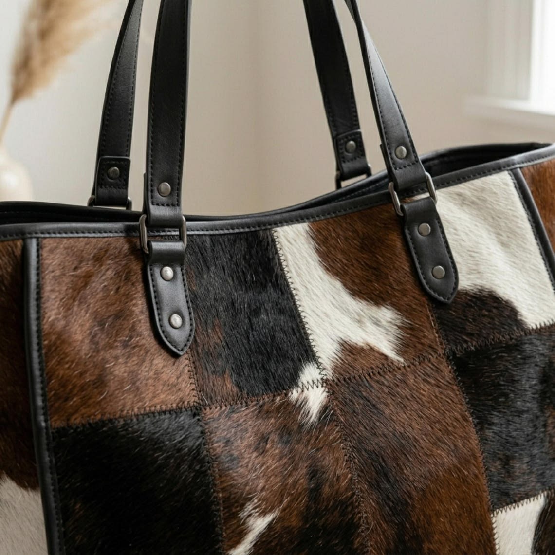Cowhide Print Patchwork – Handmade Leather Shoulder Bag